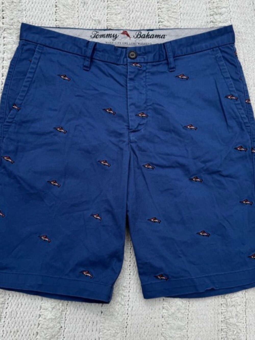 Tommy Bahama Chino Shorts Men's 33 Blue Embroidered Island Fish AOP Summer